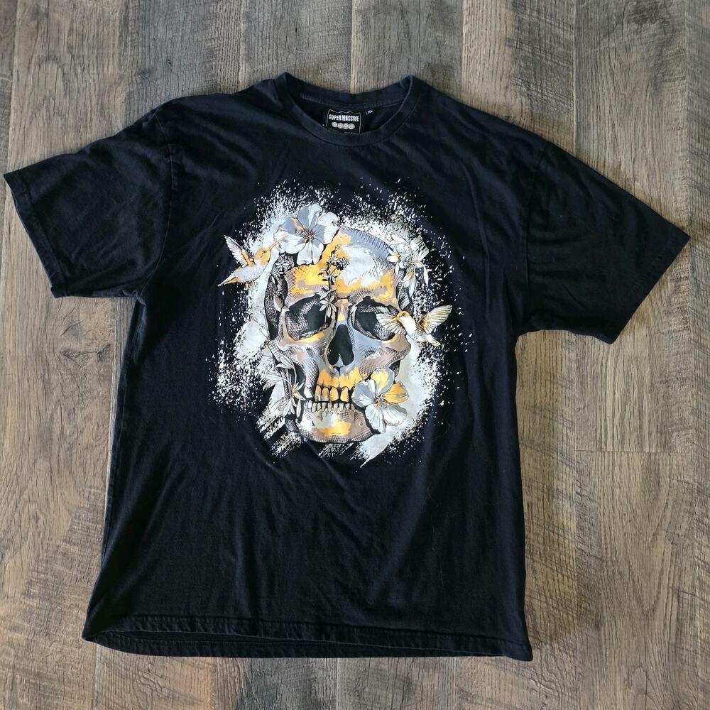 Super Massive Mens Skull Floral Hummingbird Graphic Tee XL Black Gothic